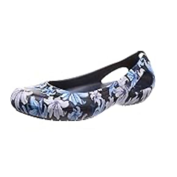 Crocs Women's Floral Print Kadee Slip-On Ballet Flats Shoes Black Blue Size W8 - Picture 1 of 11